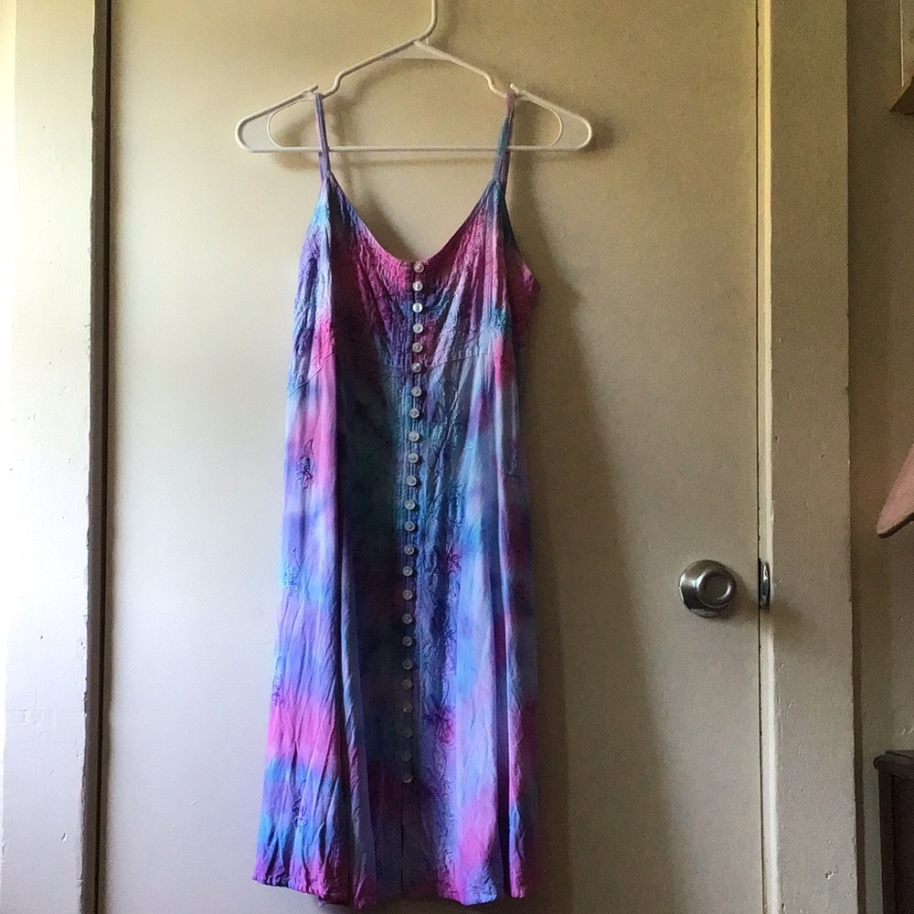 Tie dye dress. Hand dyed with pink, blue and purple. 100% rayon material.